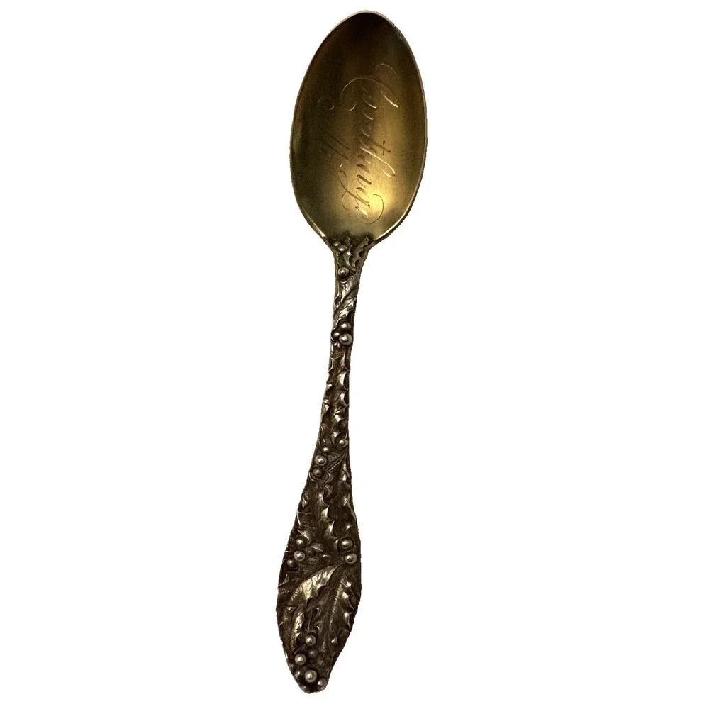 VTG Sterling Silver Spoon Carthage MO Souvenir Gold Wash Holly Leaves Berries